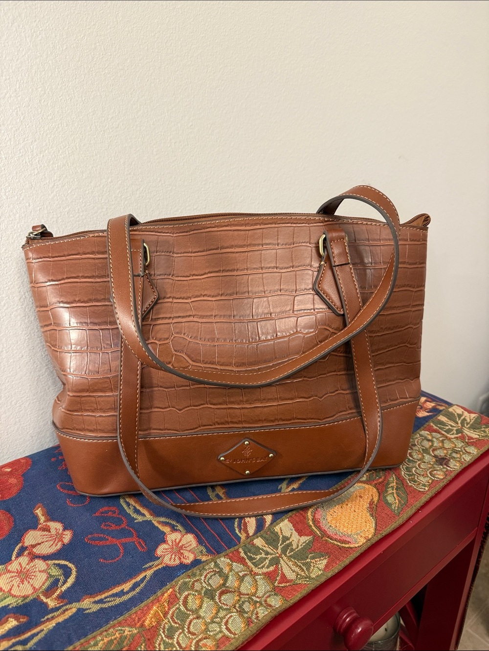 St. John's Bay Croc-Embossed Tote in Cognac Brown